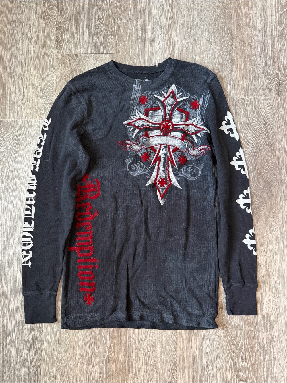 Y2K Men's Black Long-Sleeve Graphic Shirt with Red Cross Design redemption